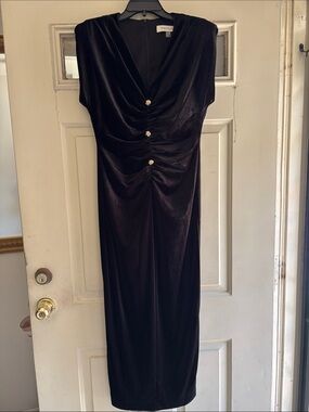 Taylor Black Velvet Ruched Midi Dress with Gold Buttons